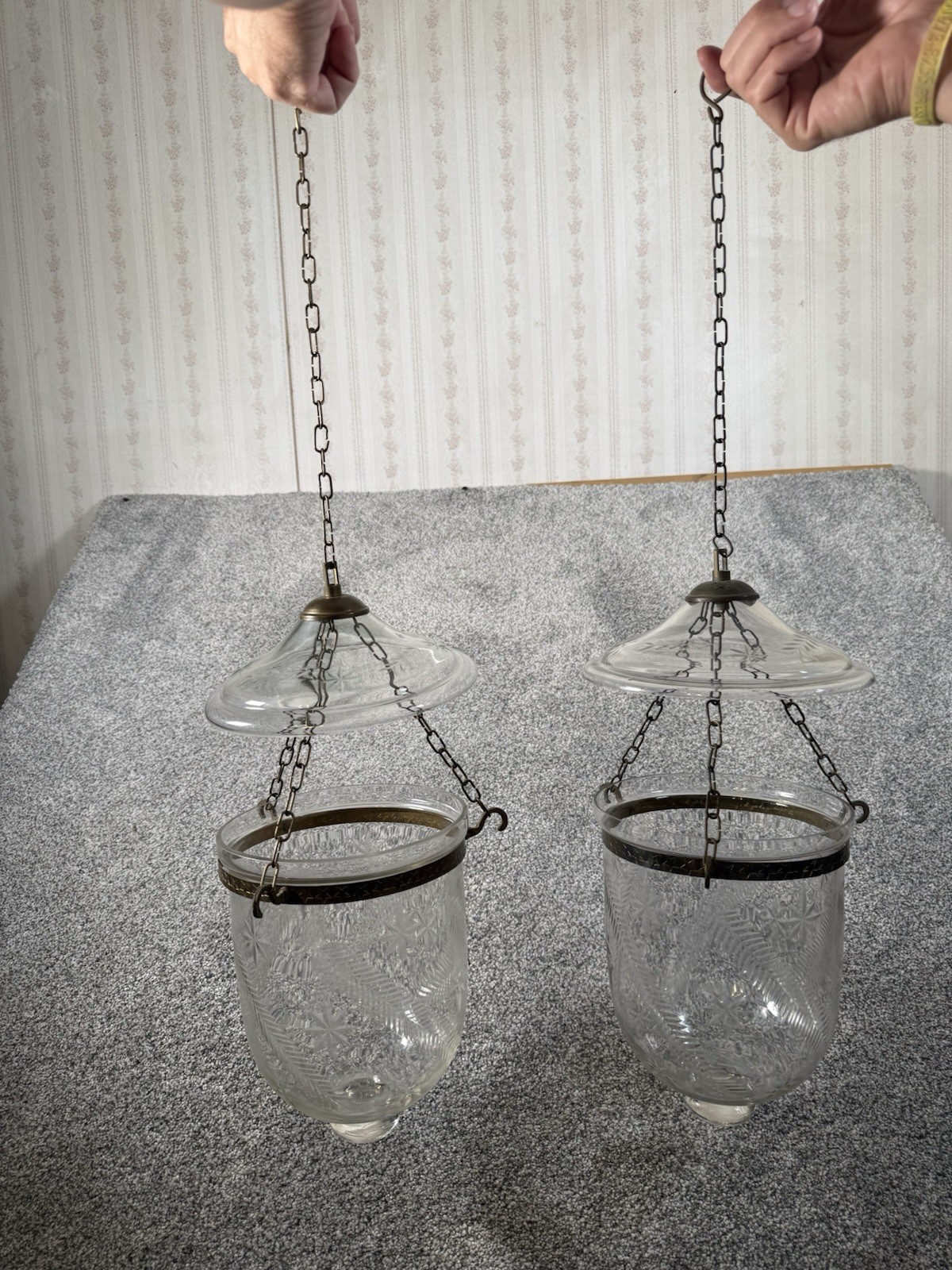 Pair Antique Etched Glass Bell Shaped Hundi Hanging Lantern Colonial Style