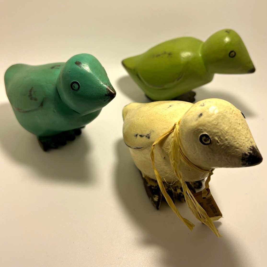 Set of 3 Hand-Painted Wooden Bird Figurines Green Teal & White