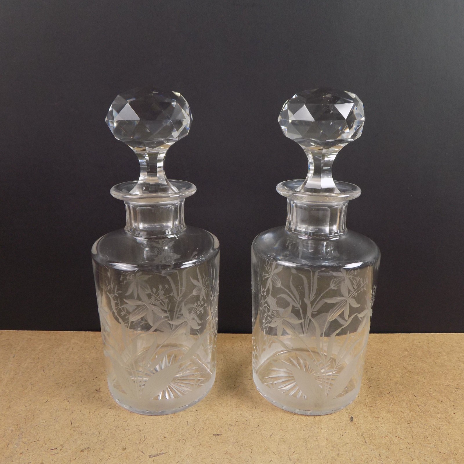 Pair of Antique Floral Engraved Glass Cologne Dresser Bottles 8