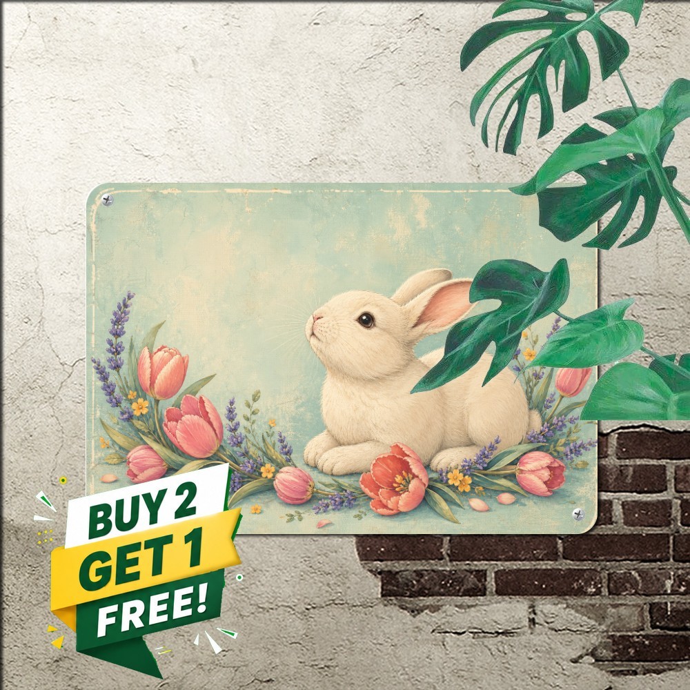 Charming Bunny Floral Garden Sign Vintage Cottagecore Rabbit Metal Wall Plaque