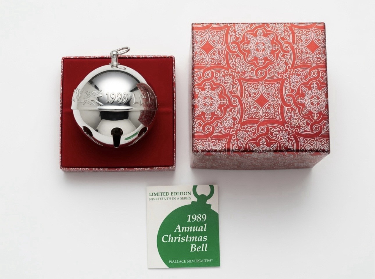 Vintage Wallace Silversmiths 1989 Christmas Sleigh Bell Ornament w/ Box & Paper