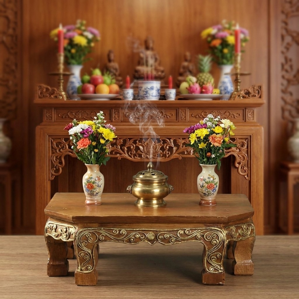 Hexagon Wooden Altar Table Thai Carved Buddhist Shrine Stand Meditation Decor