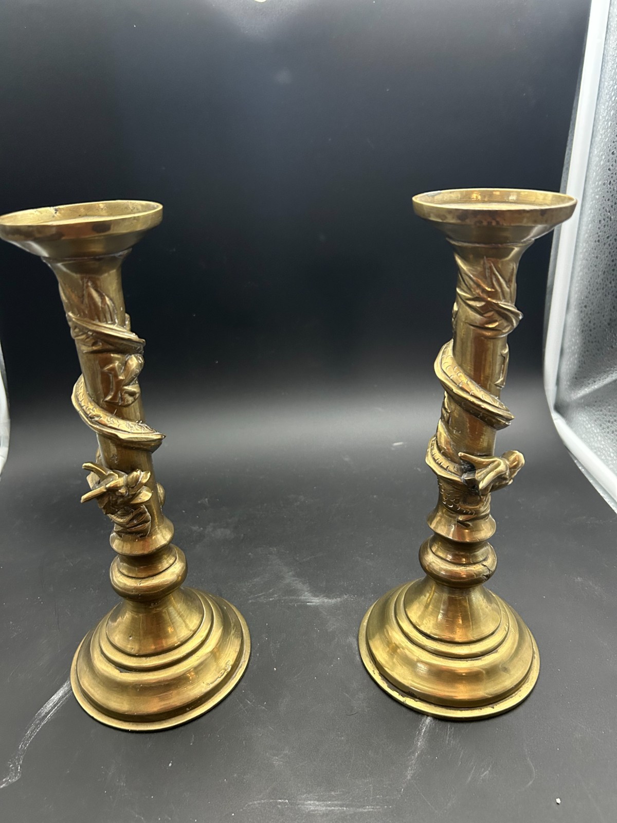 19c Pair Chinese Brass Dragon Candlesticks Wrapped Column Spiral Taper Holders