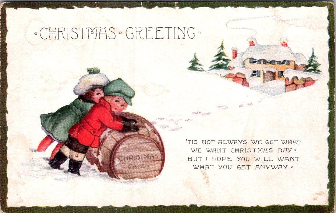 1910-20\'s CHRISTMAS GREETING KIDS ROLL CANDY BARREL EMBOSSED WHITNEY POSTCARD
