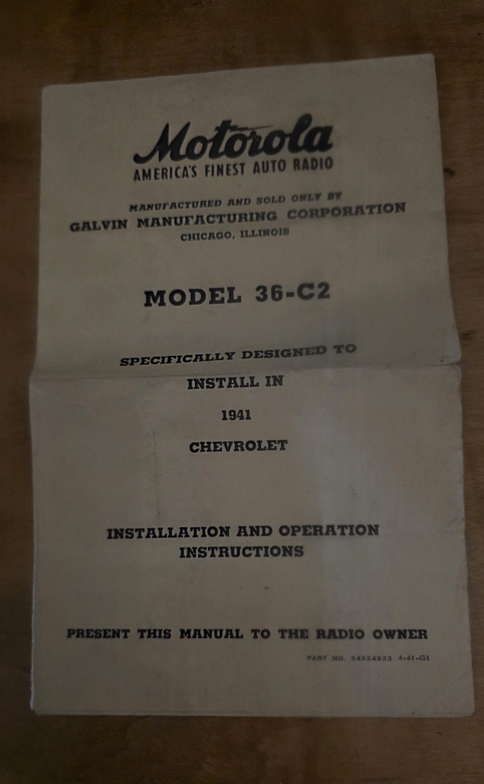 Vintage 1941  MOTOROLA CAR RADIO  Manual for Model 36-C2 1941 Chevrolet 