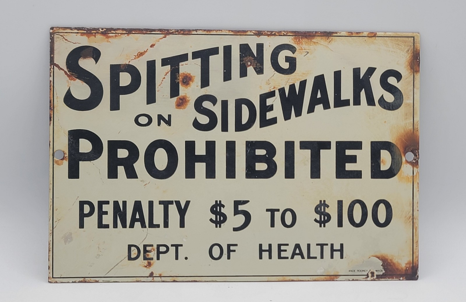 Vintage Spitting On Sidewalks Prohibited Rustic Porcelain Enameled Metal Sign
