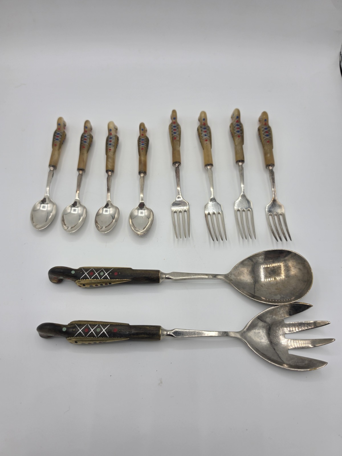 Vintage Carved Cream Phoenix Bird Inlay Horn Bone Spoons and Fork Set Lebanon