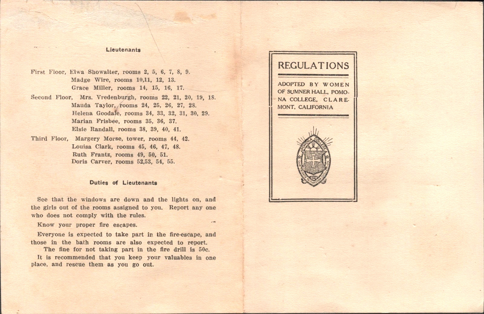1920s Pomona College Regulations Women of Sumner Hall Claremont California Vtg