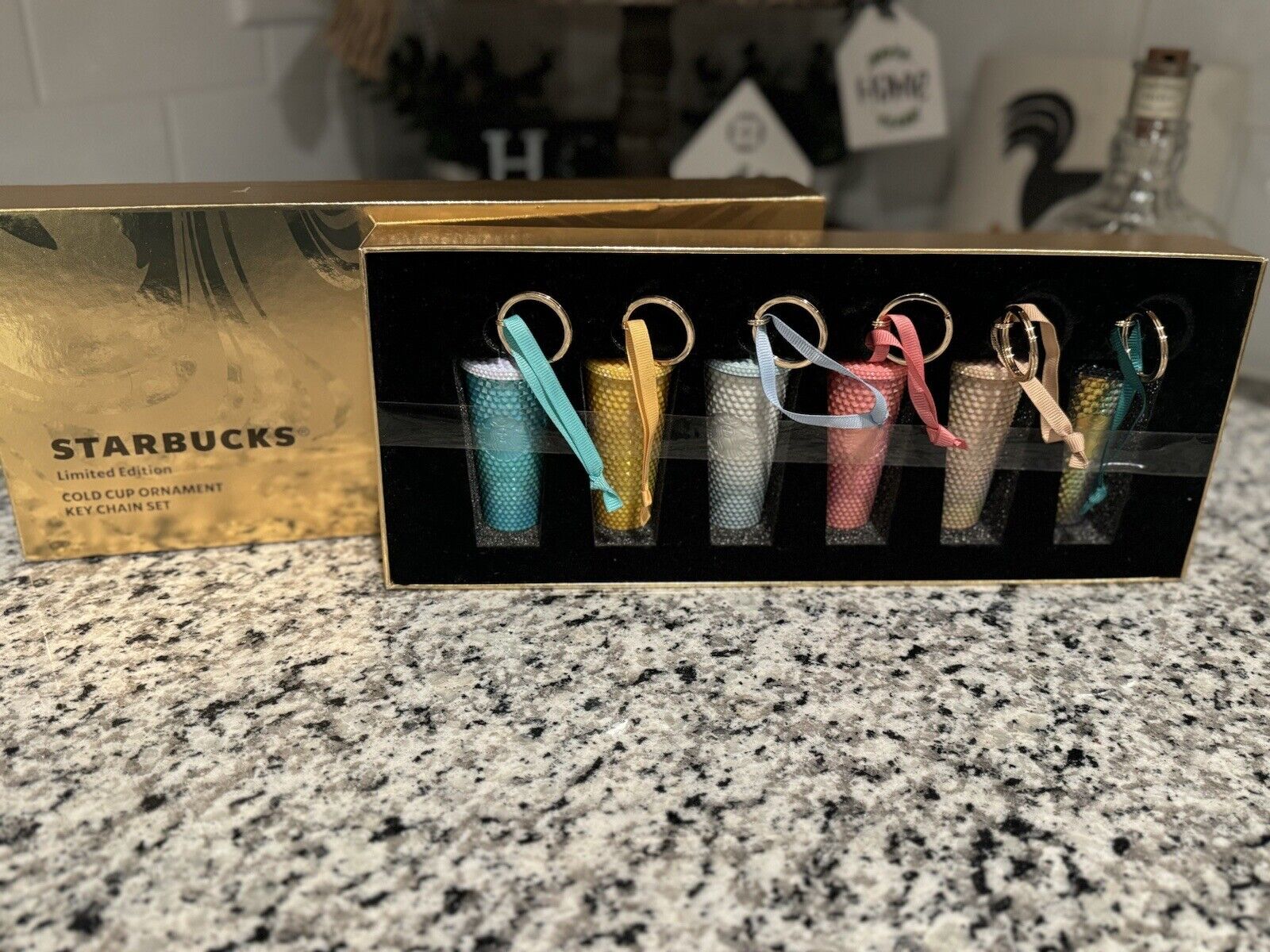 STARBUCKS LIMITED EDITION COLD CUP ORNAMENT KEY CHAIN BOX SET GOLD AND BLACK