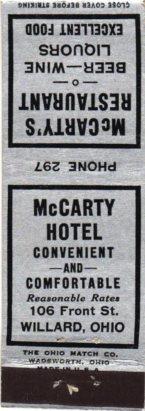 McCarty Hotel McCarty\'s Restaurant Willard OH Vintage Matchbook Pre-1940s