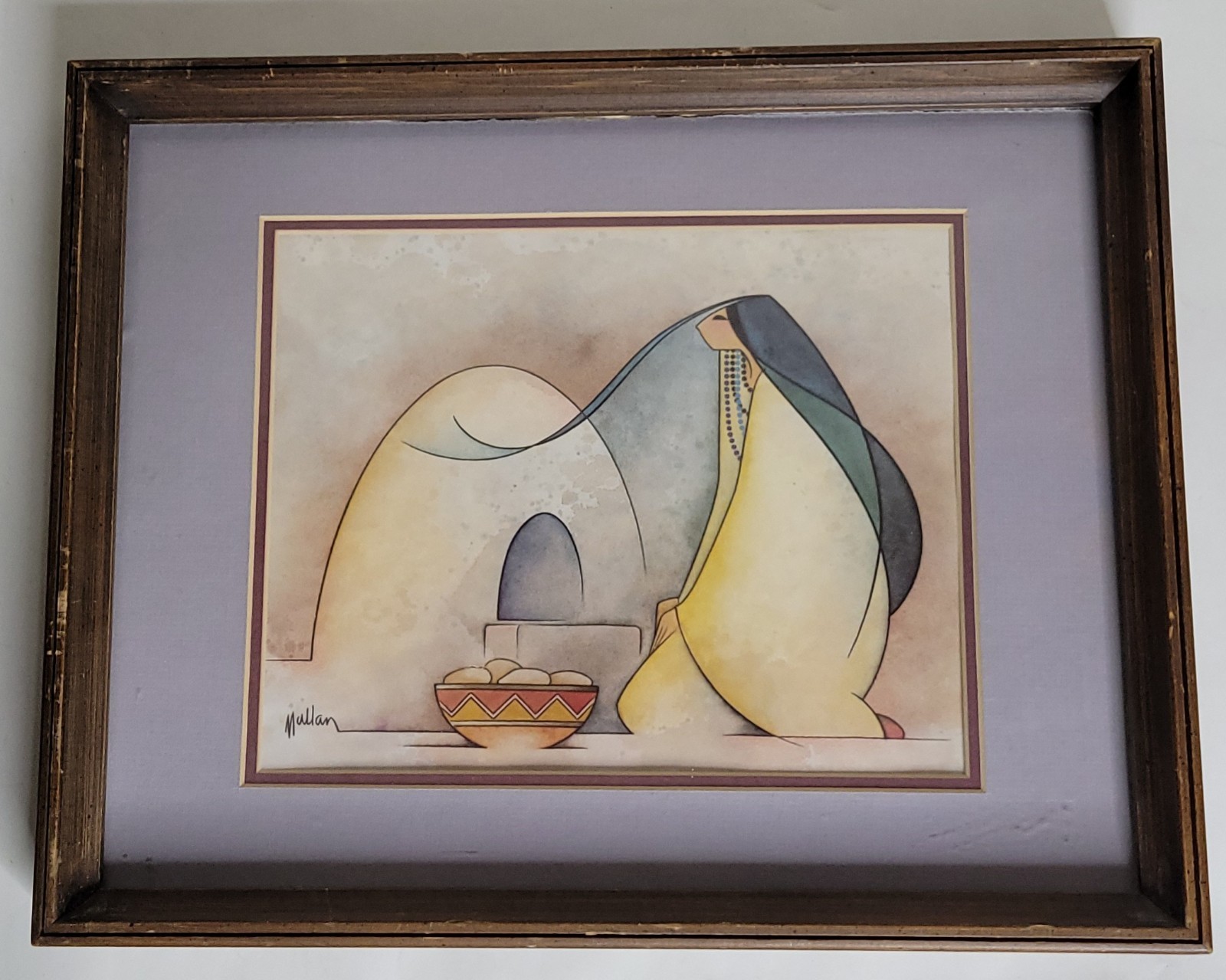 Southwest Native American Woman with lo Oven & Pottery Bowl by McLean – Framed 