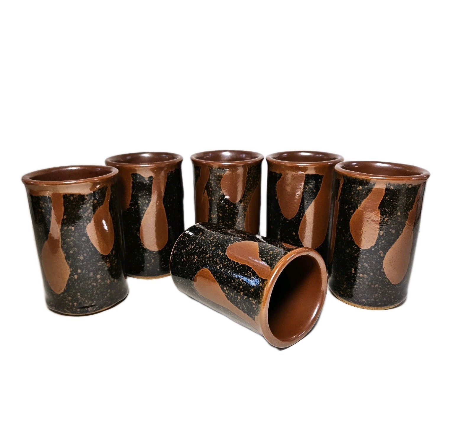 Vintage Set of 6 Japanese Shoji Hamada Mashiko Pottery Cups Brown Black