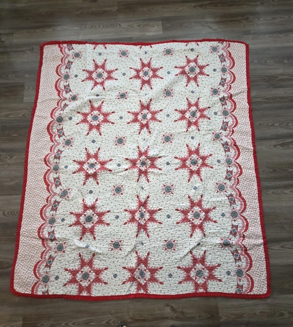 Vintage Quilted Blanket Snowflake Red On White 80\