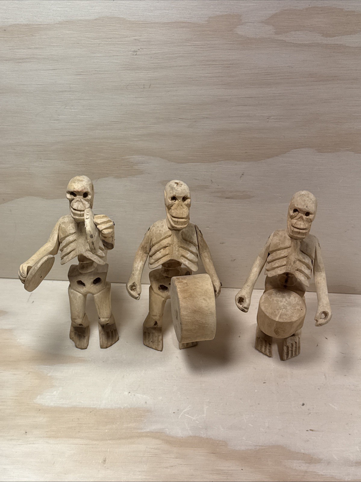 RARE 3 Mexican Day Of The Dead Skeleton Wood Carvings Inocencio Vasquez Folk Art