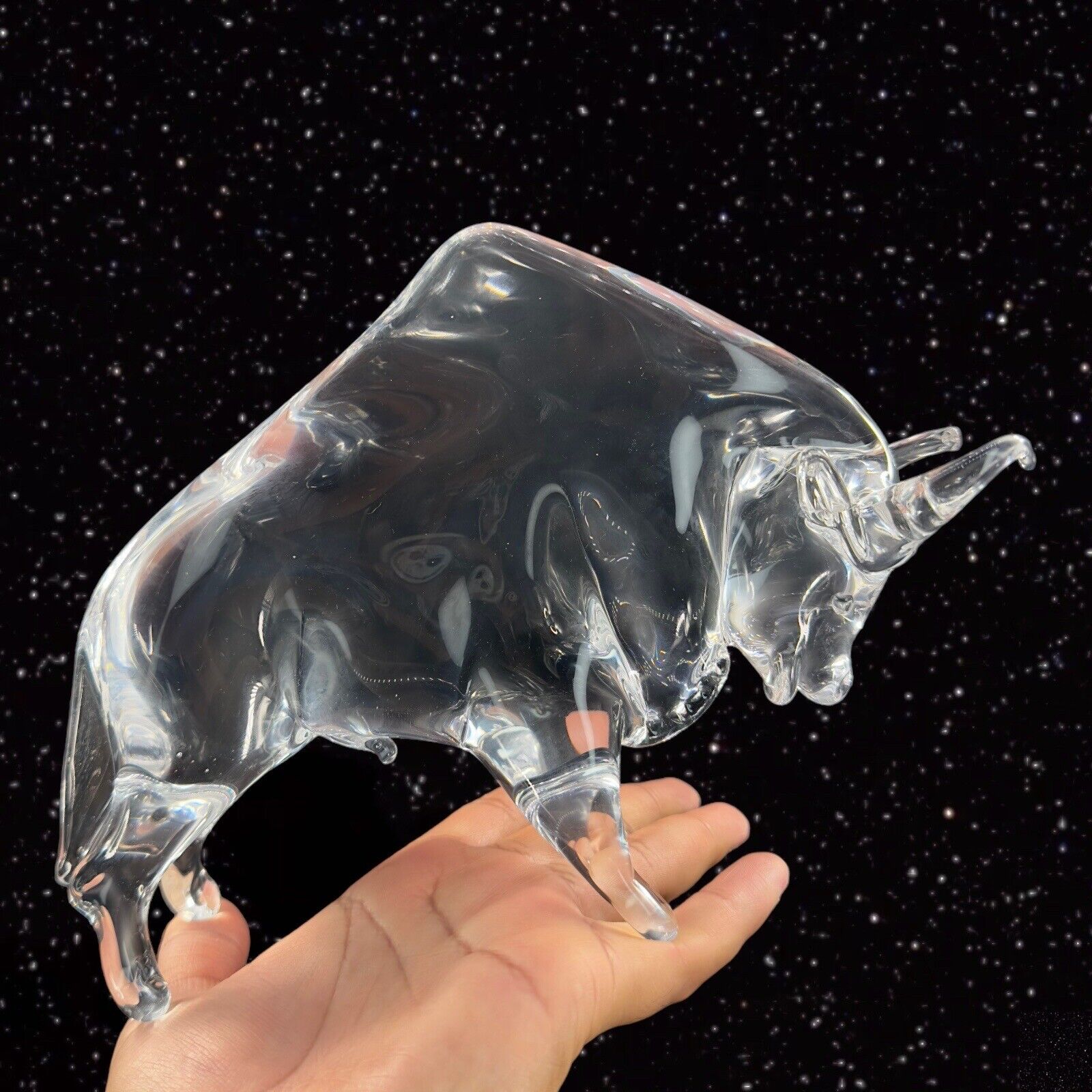 1960s Venetian Murano Clear Glass Bull Figurine Heavy Paperweight Hand Made VTG