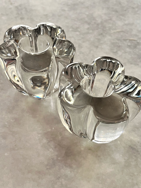 (2) Daum France Clear Crystal Flower Candle Holders Signed