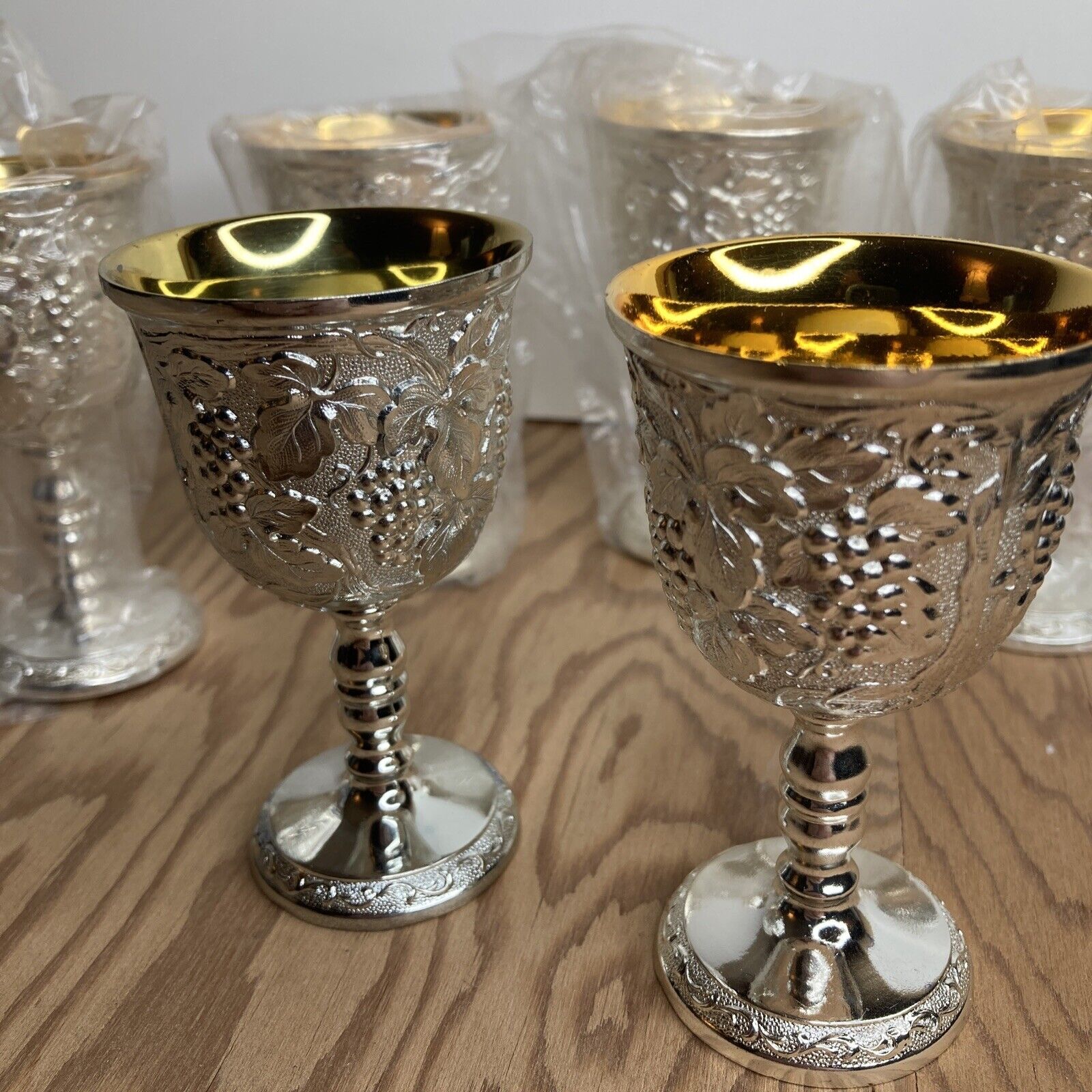 BRAND NEW Vintage Set of 6 Silver Plate Japanese Wine Goblets - 3.5” Tall Japan