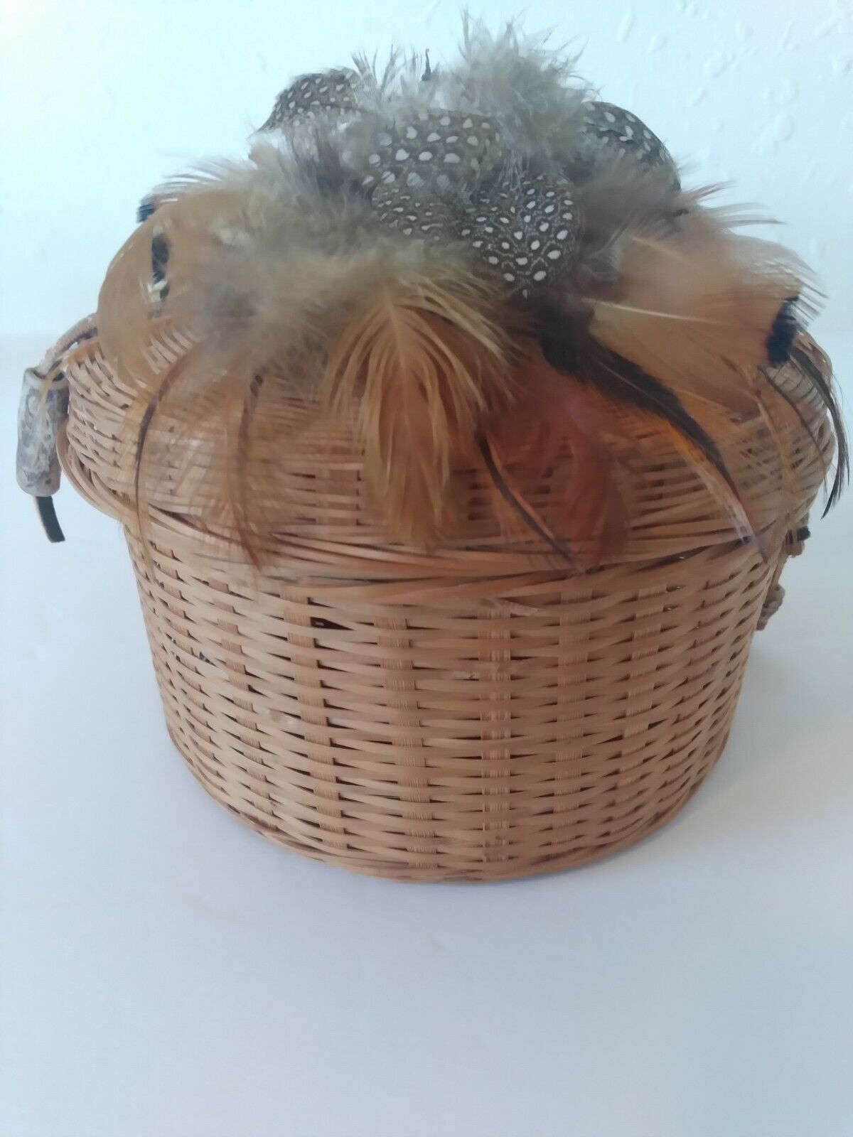 Vintage Hand Woven Basket Real Feathers Leather Strings & Engraved Stones On Lid