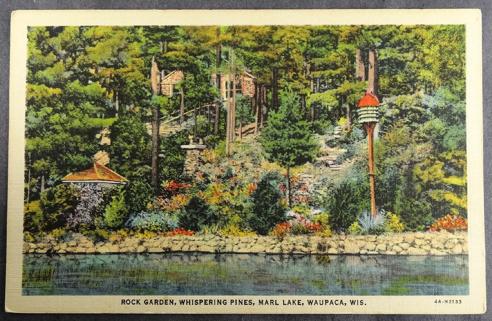 Wisconsin Waupaca Rock Garden Whispering Pines Postcard 1934