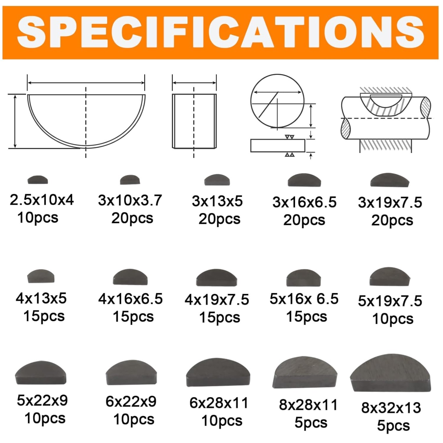 200pcs Metric Woodruff Key Kit - 15 Sizes, Carbon Steel 200pcs Metric Woodruff Key Kit - 15 Sizes, Carbon Steel