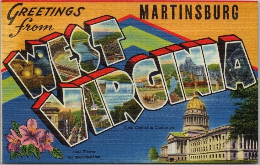 MARTINSBURG, WEST VIRGINIA Large Letter Postcard State Capitol & Flower / Linen