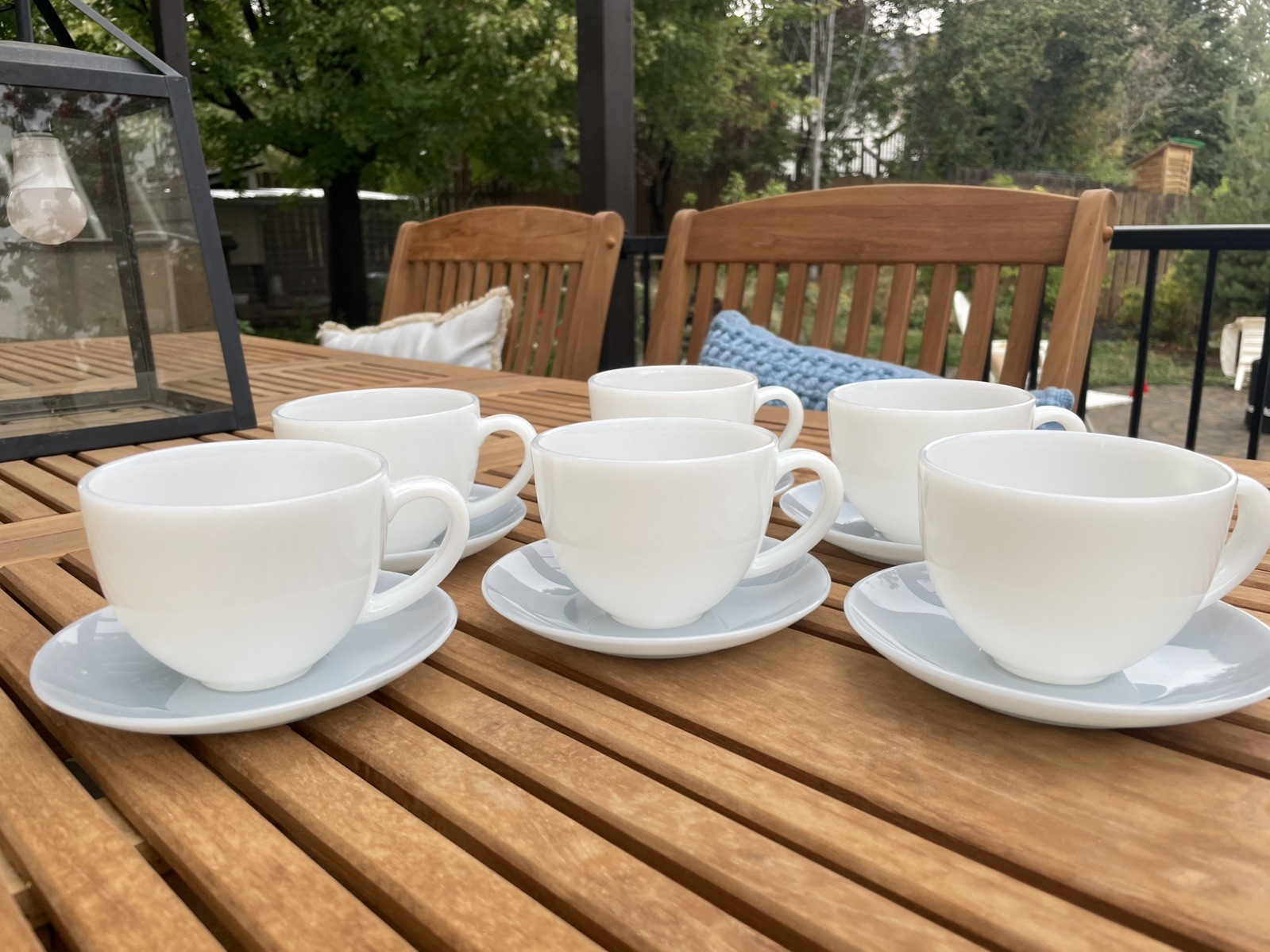 SET OF 6 Jonathan Adler Ether Pearl Milkglass Teacups w/ Light Blue Saucers NWOT