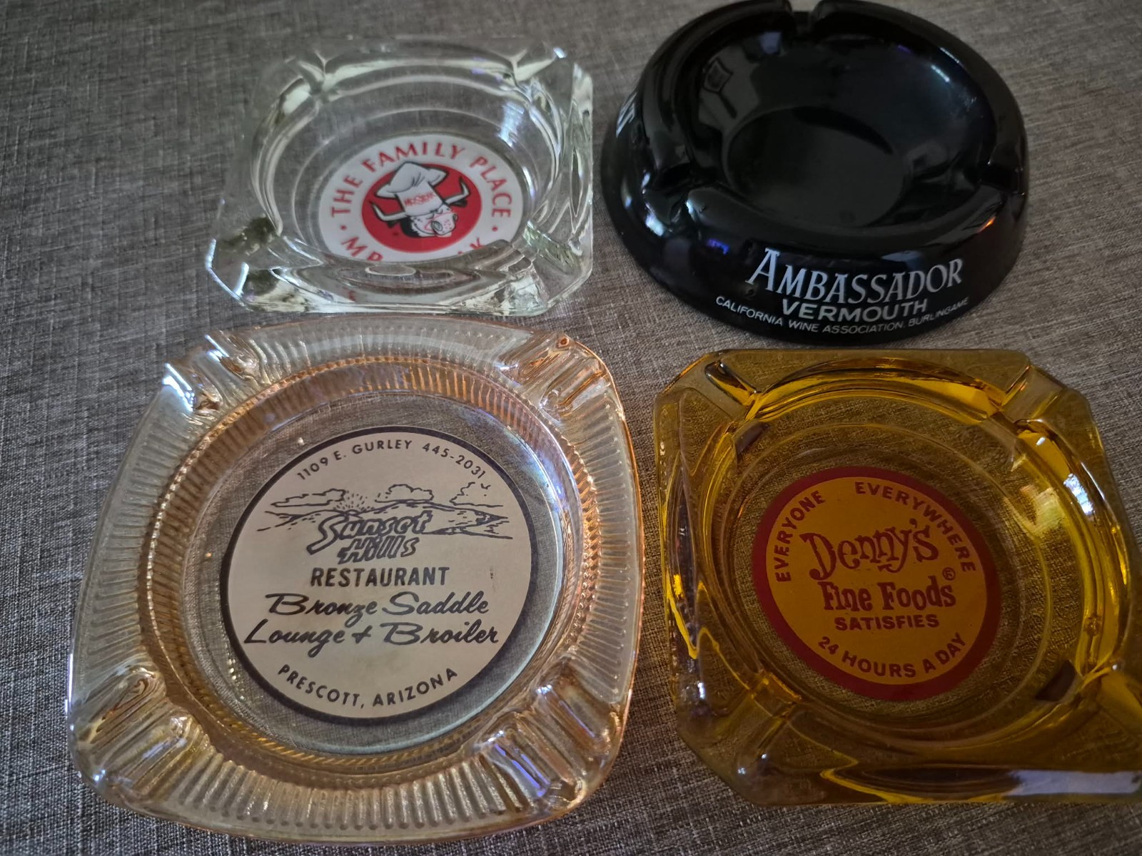 Vintage Ashtrays Sunset Hills AZ, Denny's, Mr Steak, Ambassador CA Wine Assoc Vintage Ashtrays Sunset Hills AZ, Denny's, Mr Steak, Ambassador CA Wine Assoc
