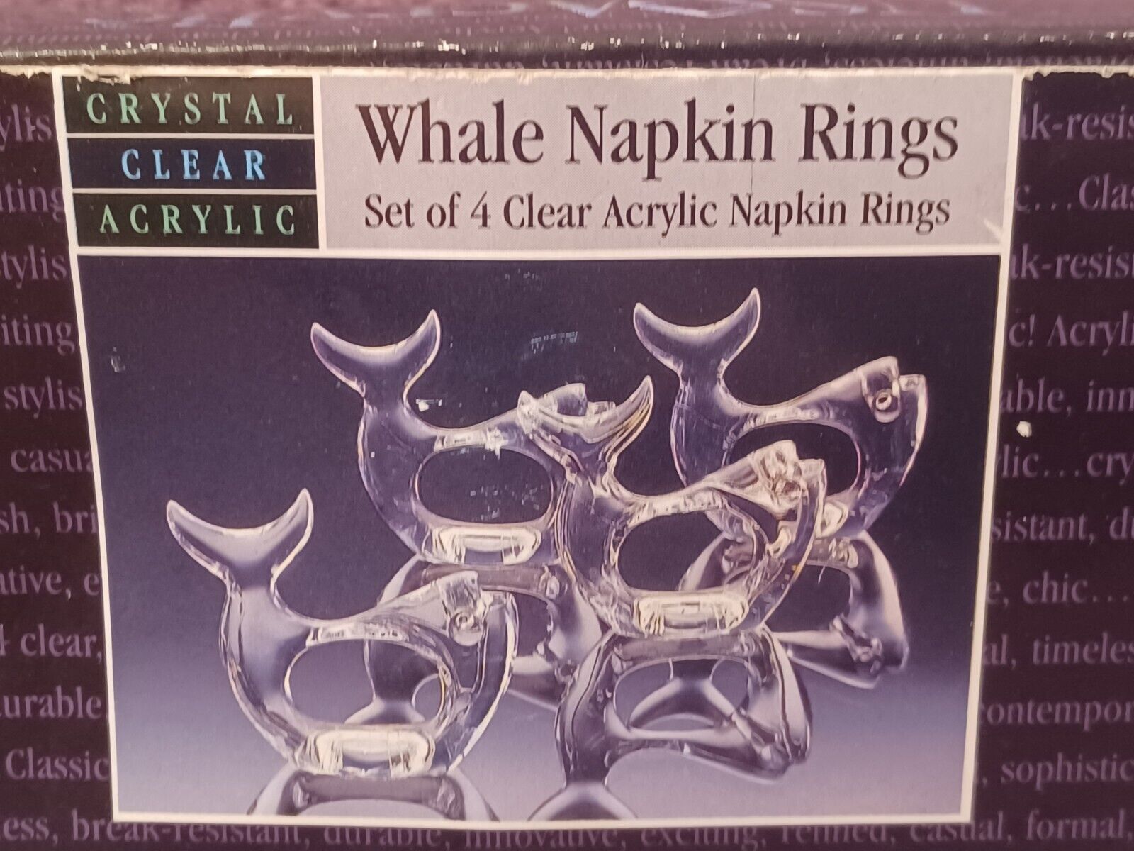 Crystal Clear Napkin Rings Acrylic Whale Set Of 4 Original Box 30 Years Old New