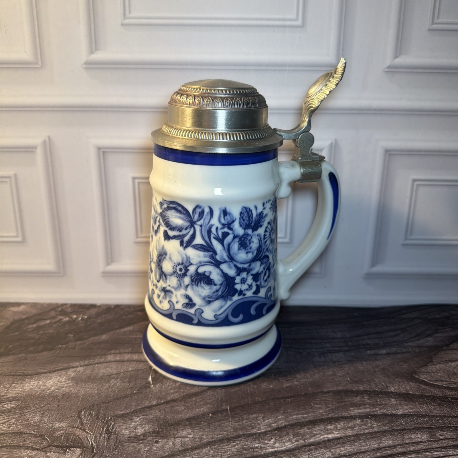 Vintage German BMF Rein Zinn Pewter Lid Blue White Porcelain Beer Stein Mug