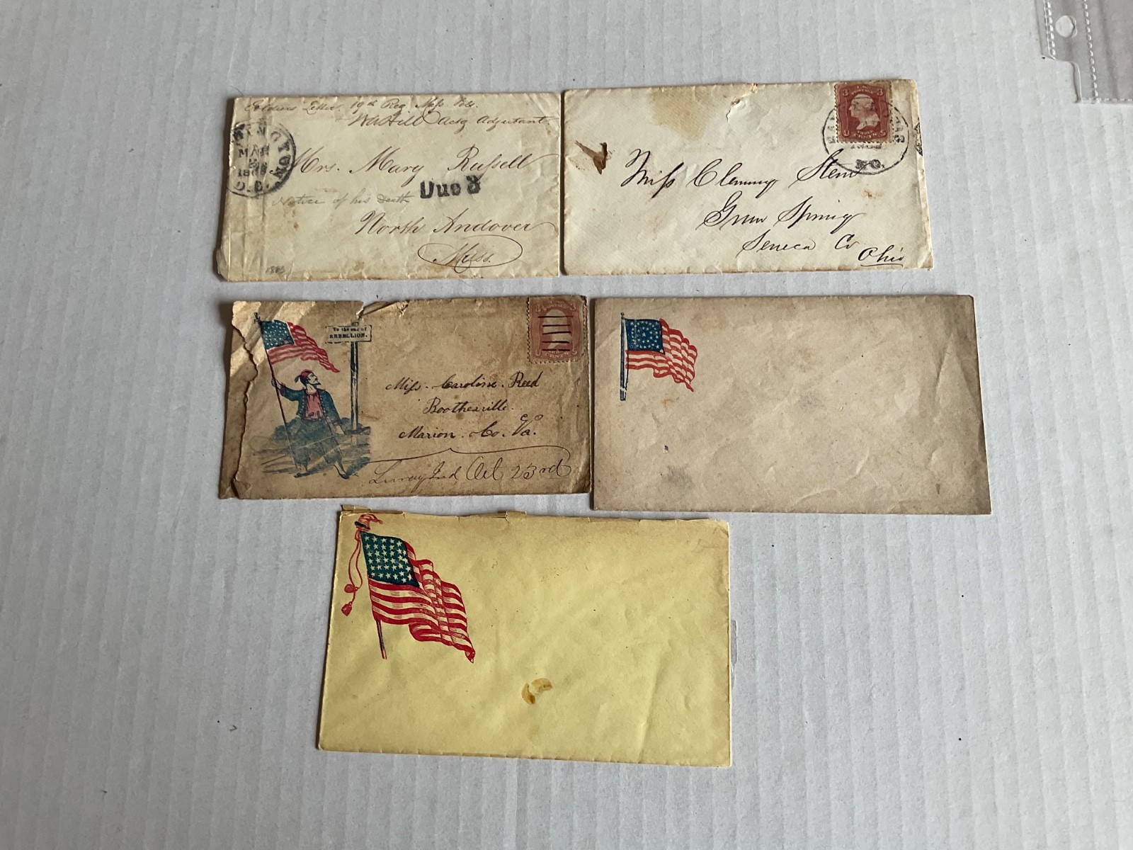 CIVIL WAR LOT 5 COVERS MARION VA POSTAGE DUE PATRIOTIC US FLAGS & MO. POSTMARKED