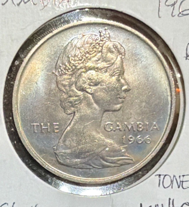 1966 Gambia 4 Shillings “TONED”UNCIRCULATED Coin -34MM-KM#6-MINTAGE=800,000