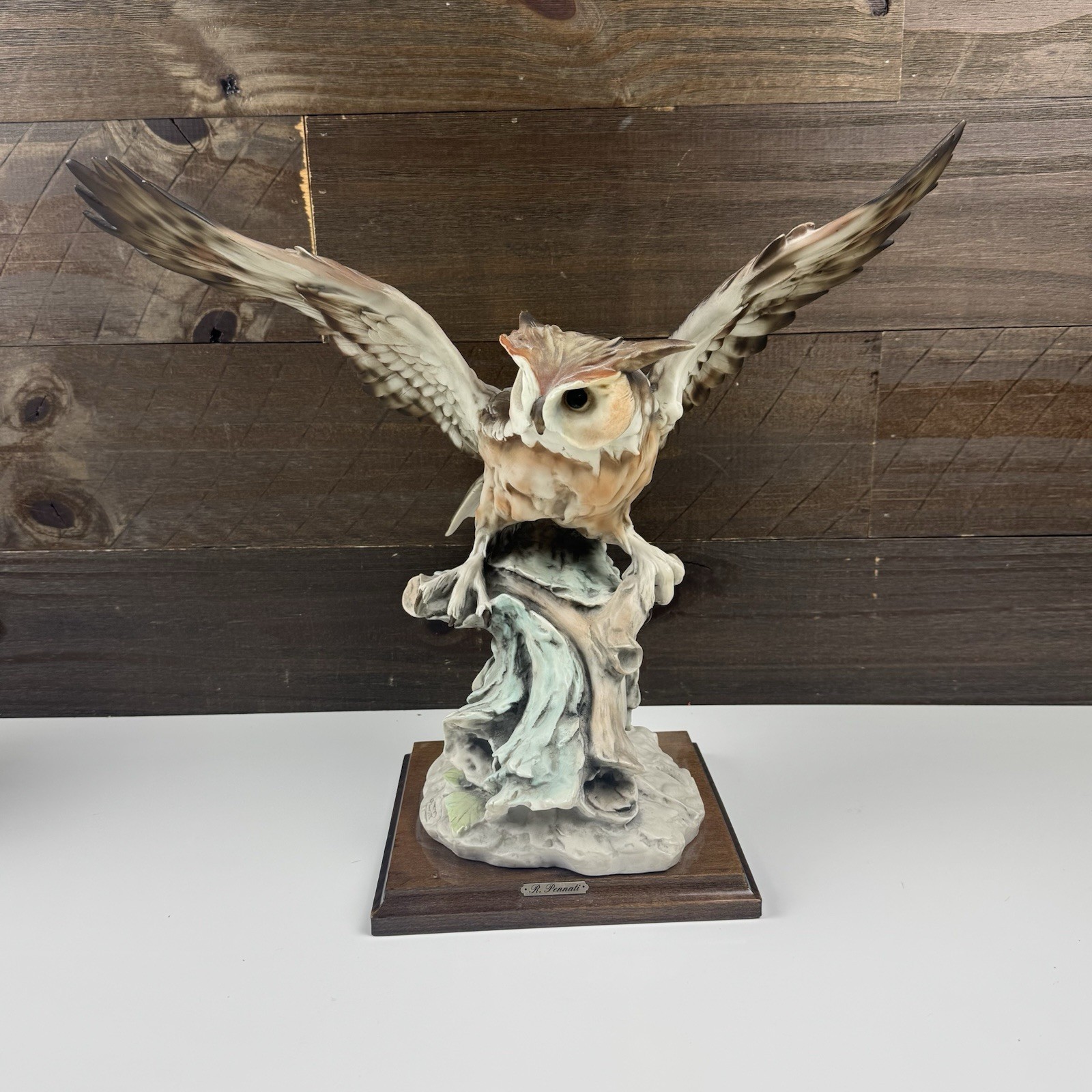 RARE Large Vintage Riccardo Pennati Porcelain Owl Sculpture W/ Wood Base -Heavy