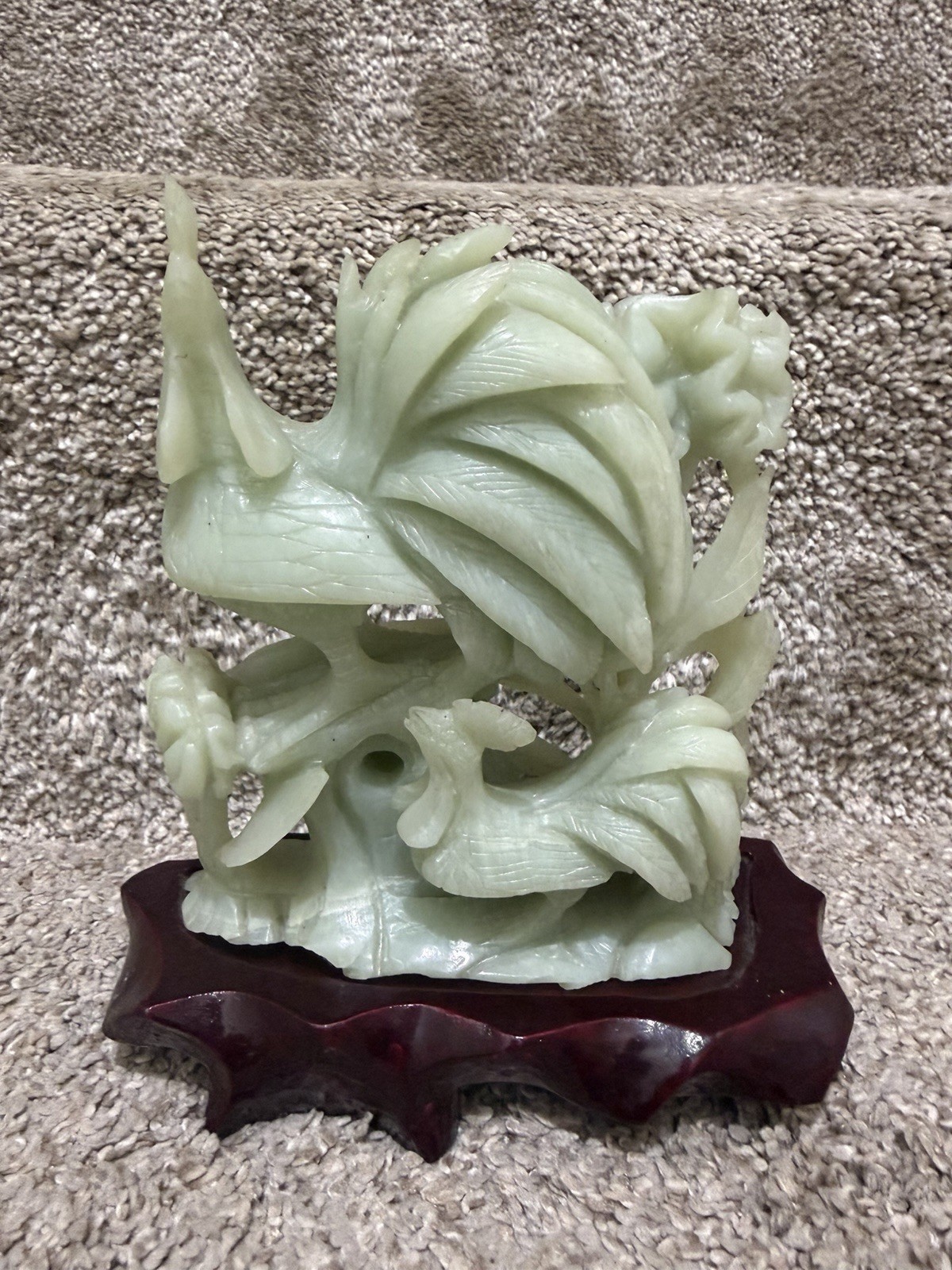 Superb Vintage 6” Tall Chinese Carved Jade Rooster Sculpture on Wood Base