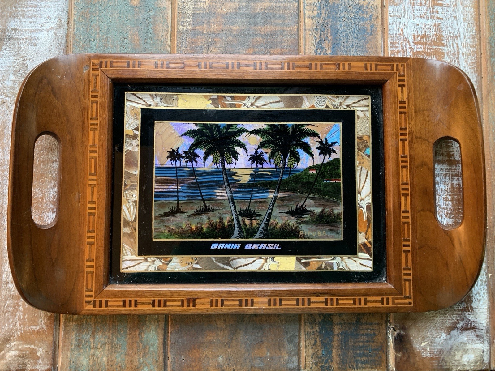 Vintage Bahia Brasil Real Butterfly Wing Art Wood Tray Blue Morpho Reverse Paint