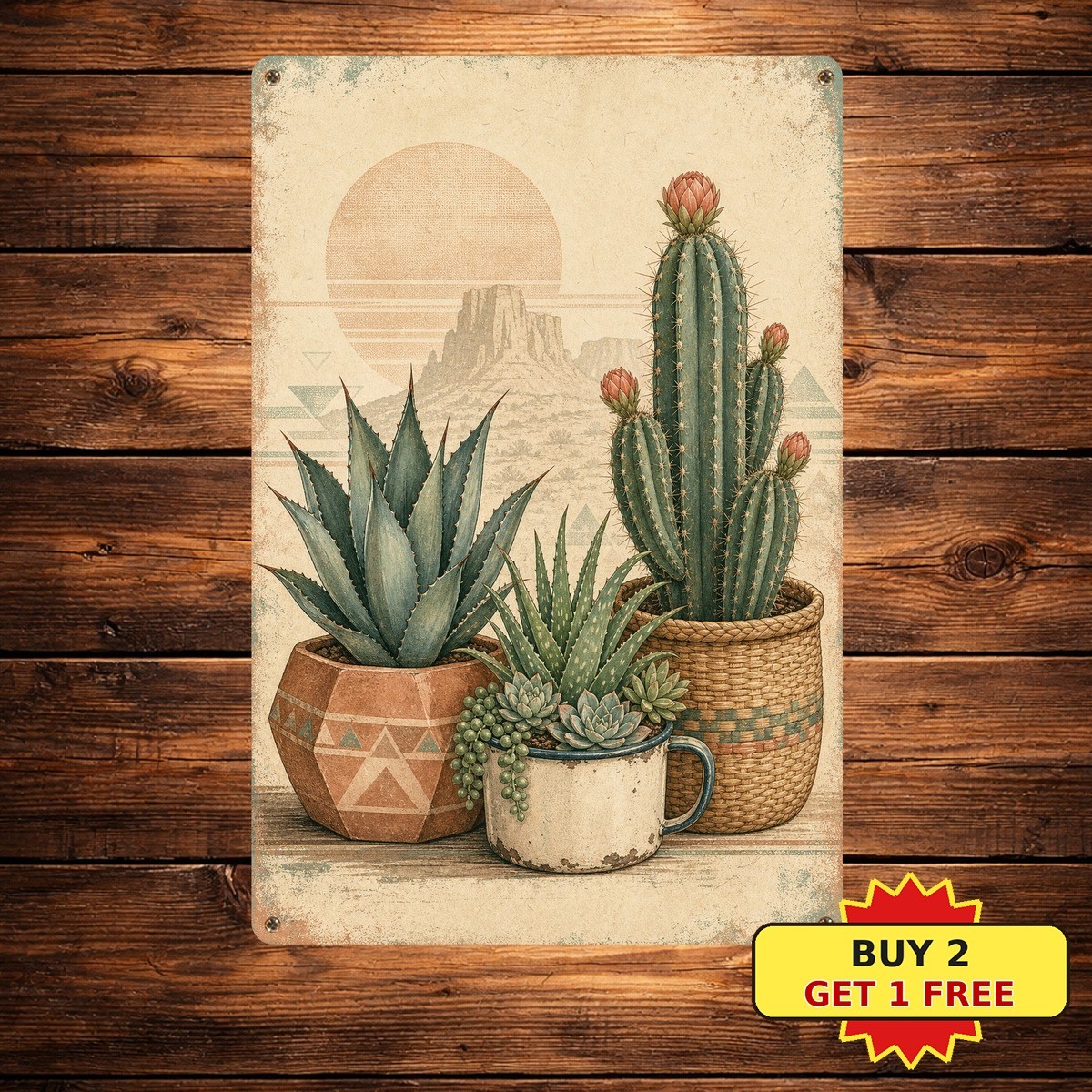 Southwestern Cactus Metal Sign Rustic Desert Nature Wall Decor