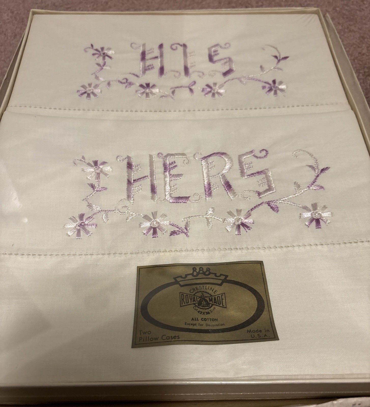 Vintage Crestline Royal Wade His & Hers Pillow Cases All Cotton Lilac New In Box
