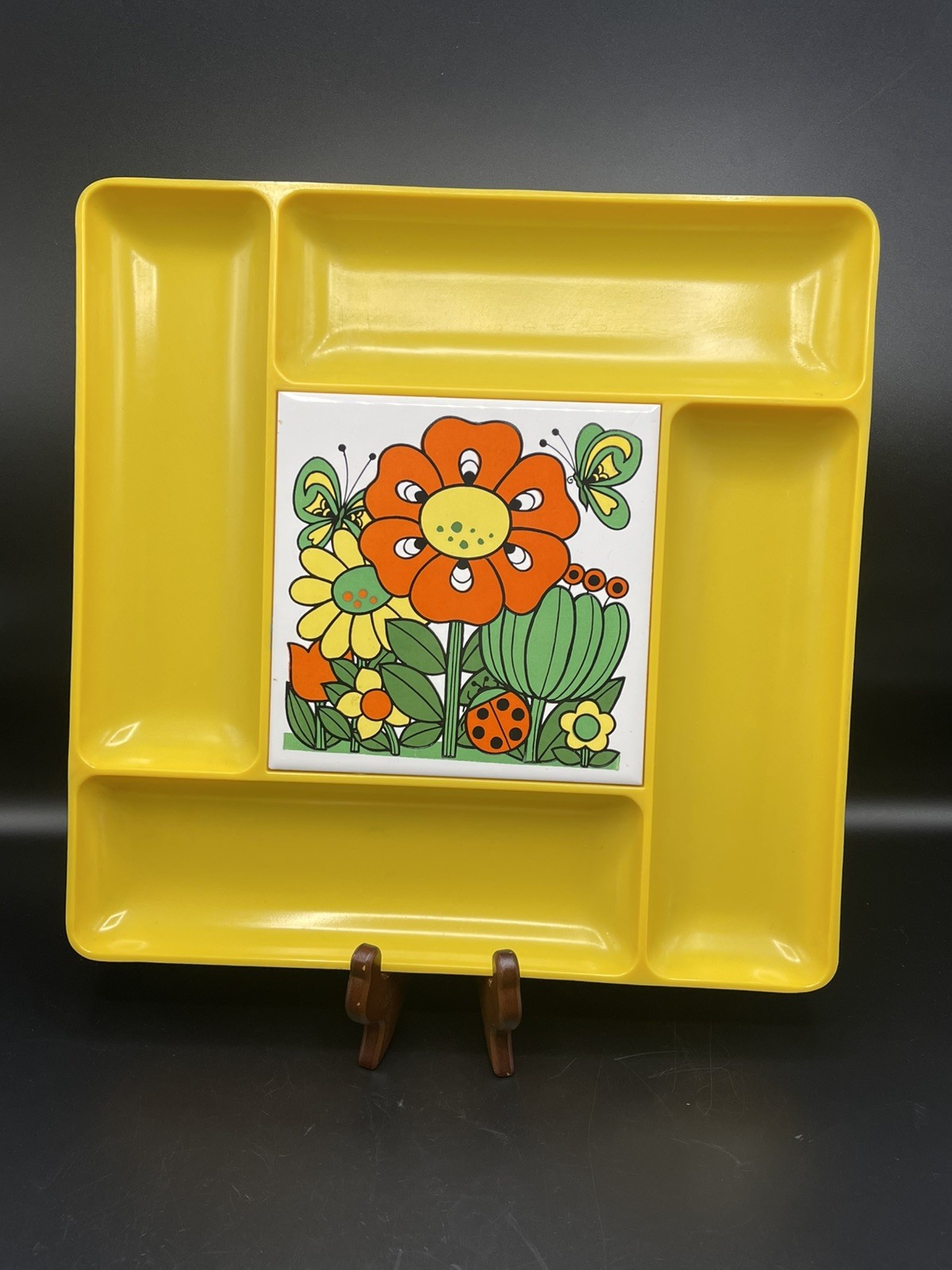 Vintage Flower Power SERVING TRAY Yellow Butterfly Cheese Crackers MCM Japan