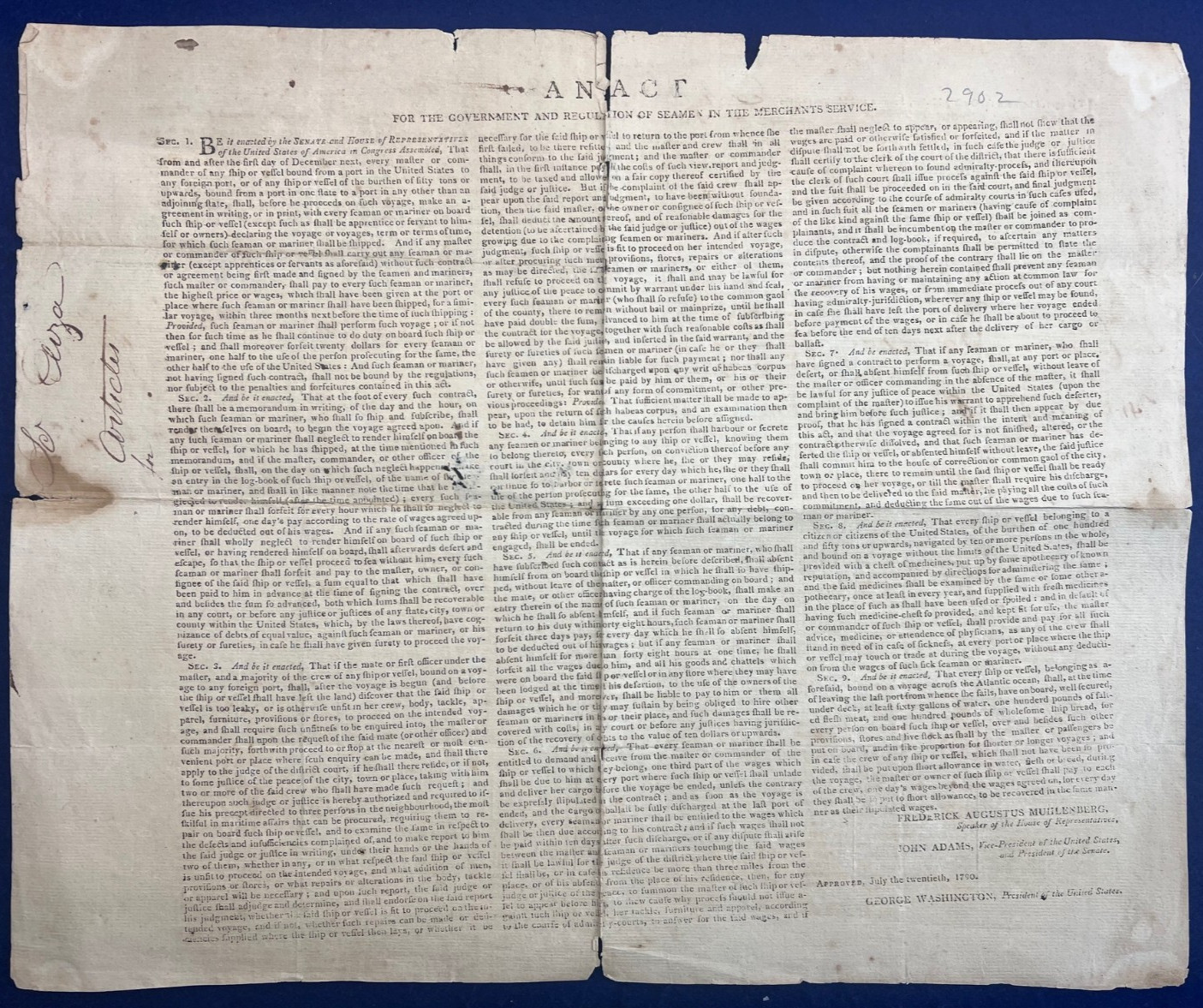 1790 Maritime Act  Ships Crew Signed Broadside Antique Poster George Washington