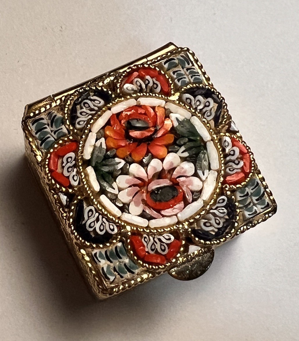 Vintage Italian Micro Mosaic Pill Box Floral Square Stamped Italy 1in