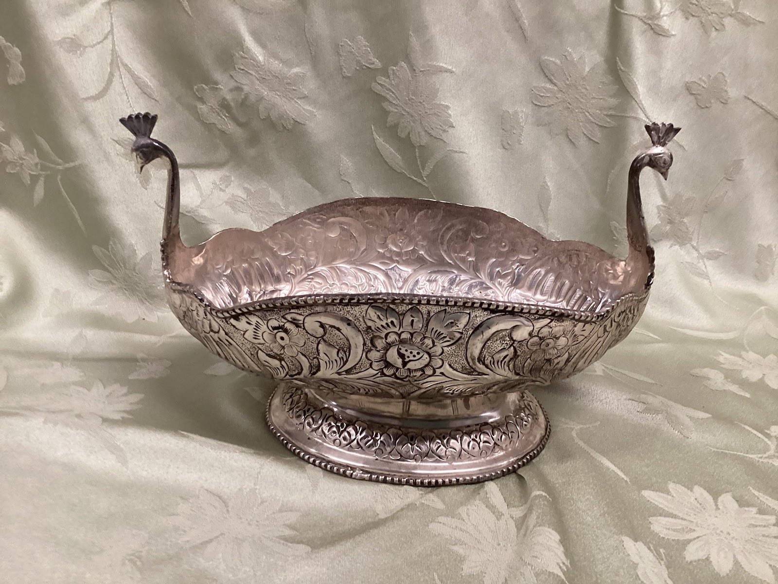 Vintage Handcrafted Double Peacock Silver Lacquered Brass Centerpiece Bowl