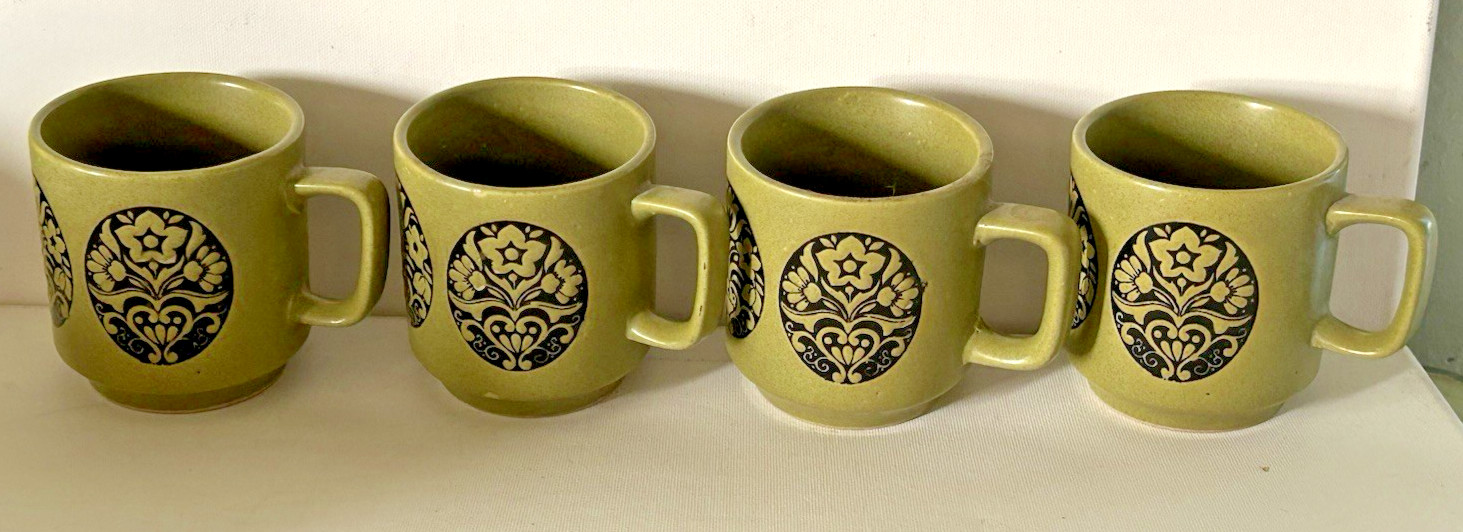 Vintage 70s MCM Glazed Stacking Mugs Set of 4 Avacado Groovy Retro Raised Design