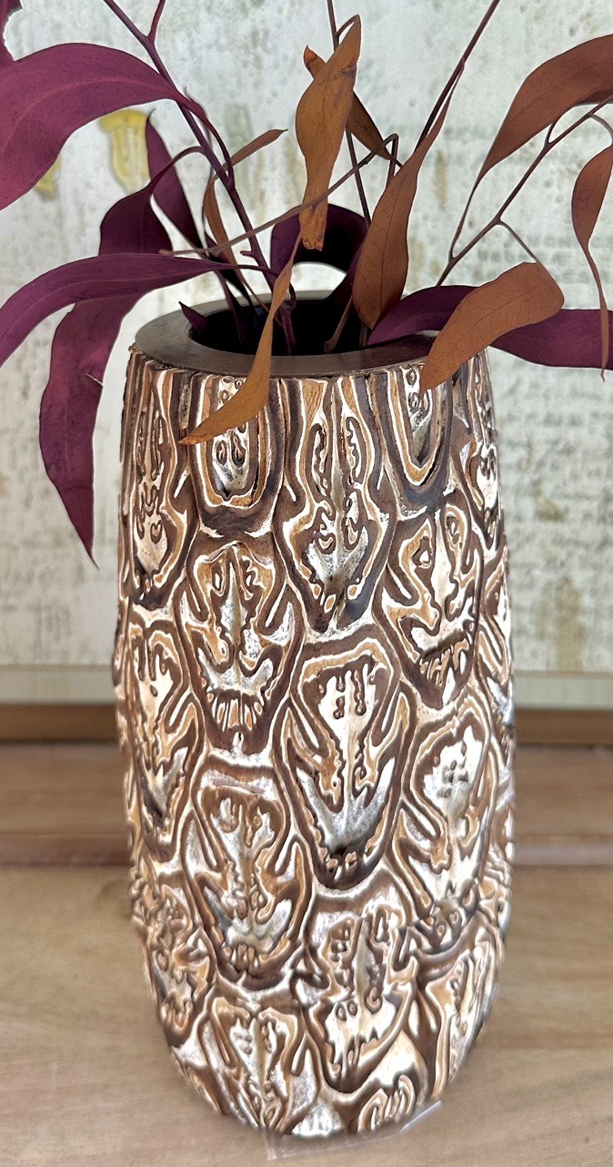 VTG Handcrafted New Zealand Ponga Wood Tree Fern FolkArt Vase, Mamaku Bark 