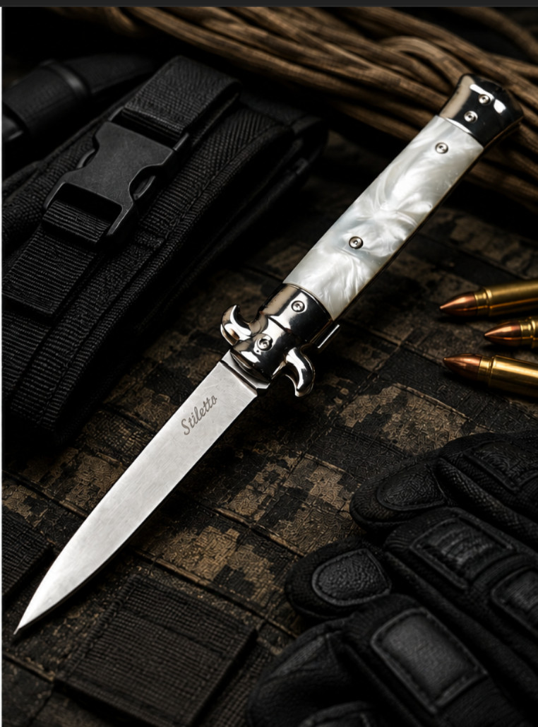 Milano-White Pearl Style Classic Italian-Stiletto Switch/Spring Assist Blade EDC