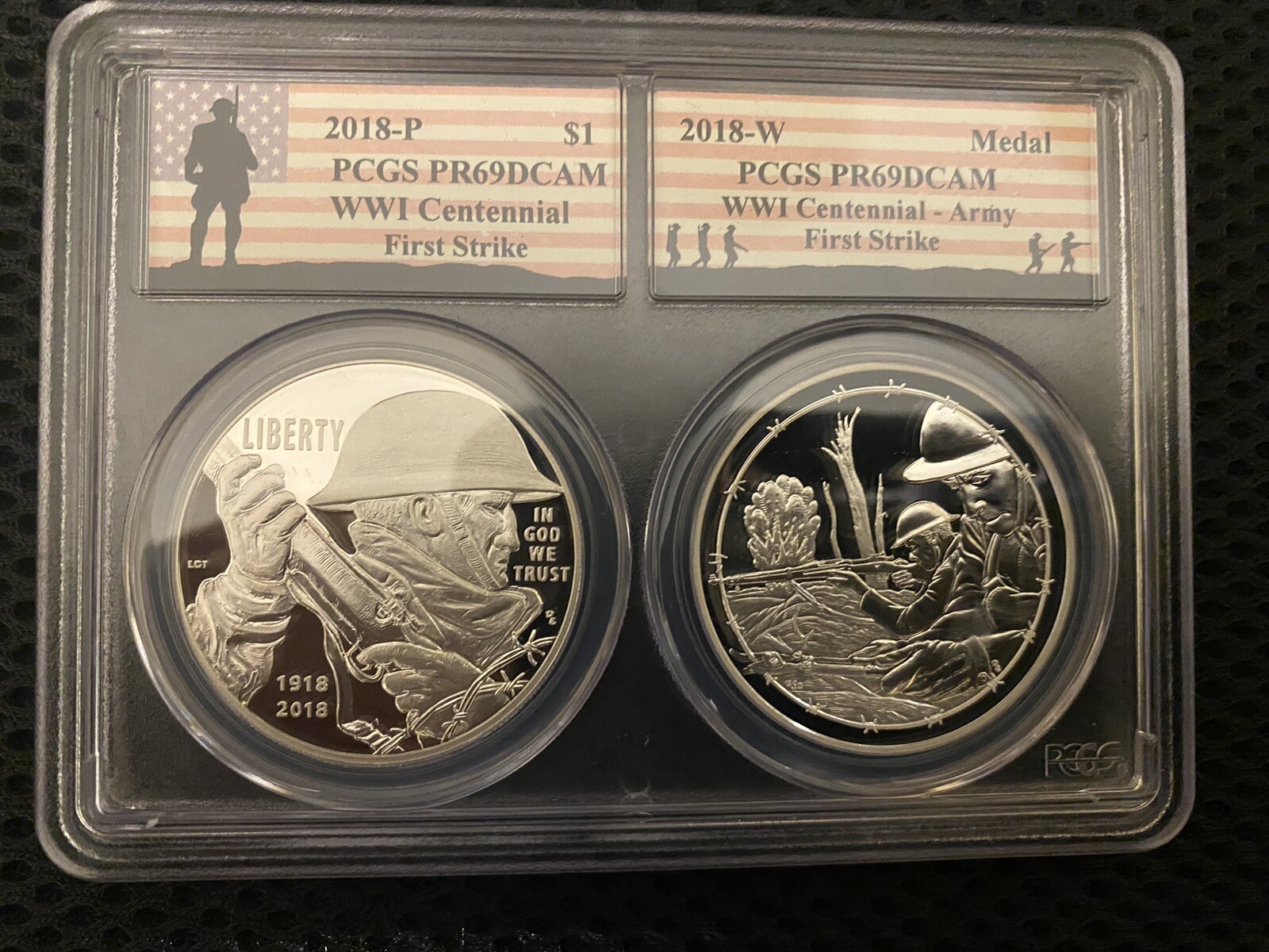 2018 WW 1 CENTENNIAL FS PCGS PR69DCAM AND Army MEDAL PR69DCAM Dual Slab