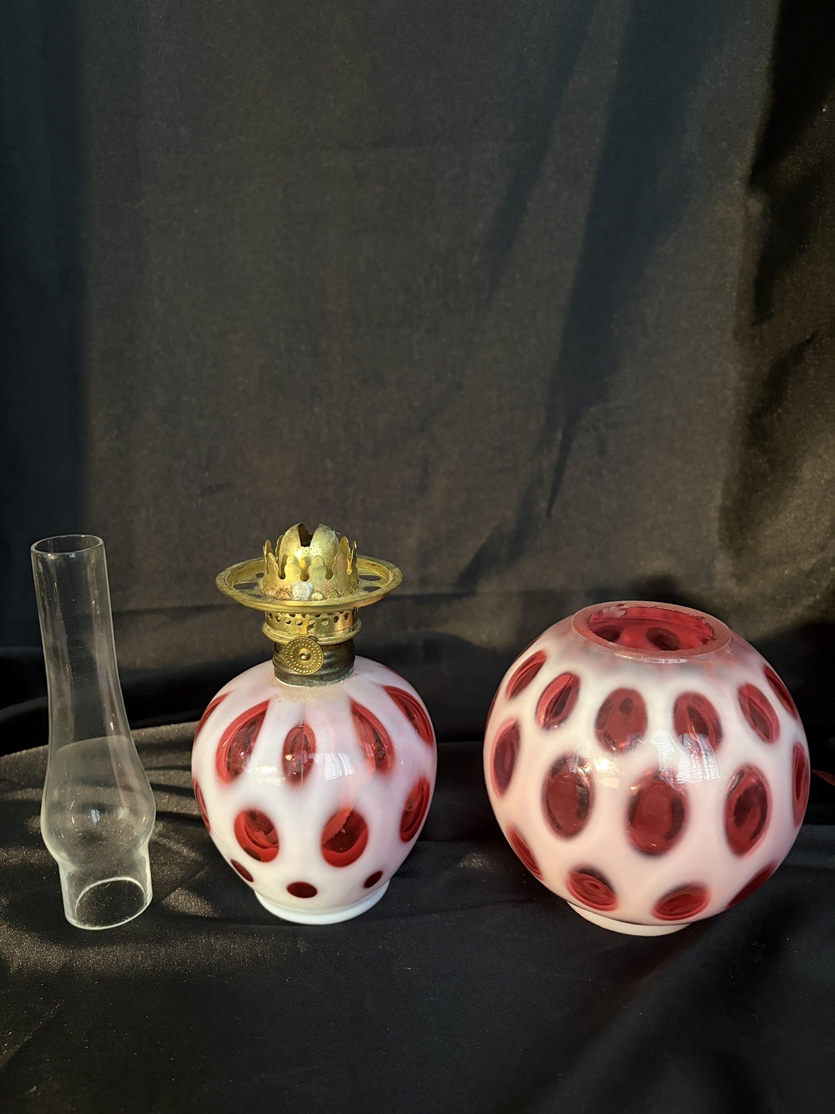 Fenton Cranberry Opalescent Coin Dot Oil Lamp Small 9 inches VINTAGE