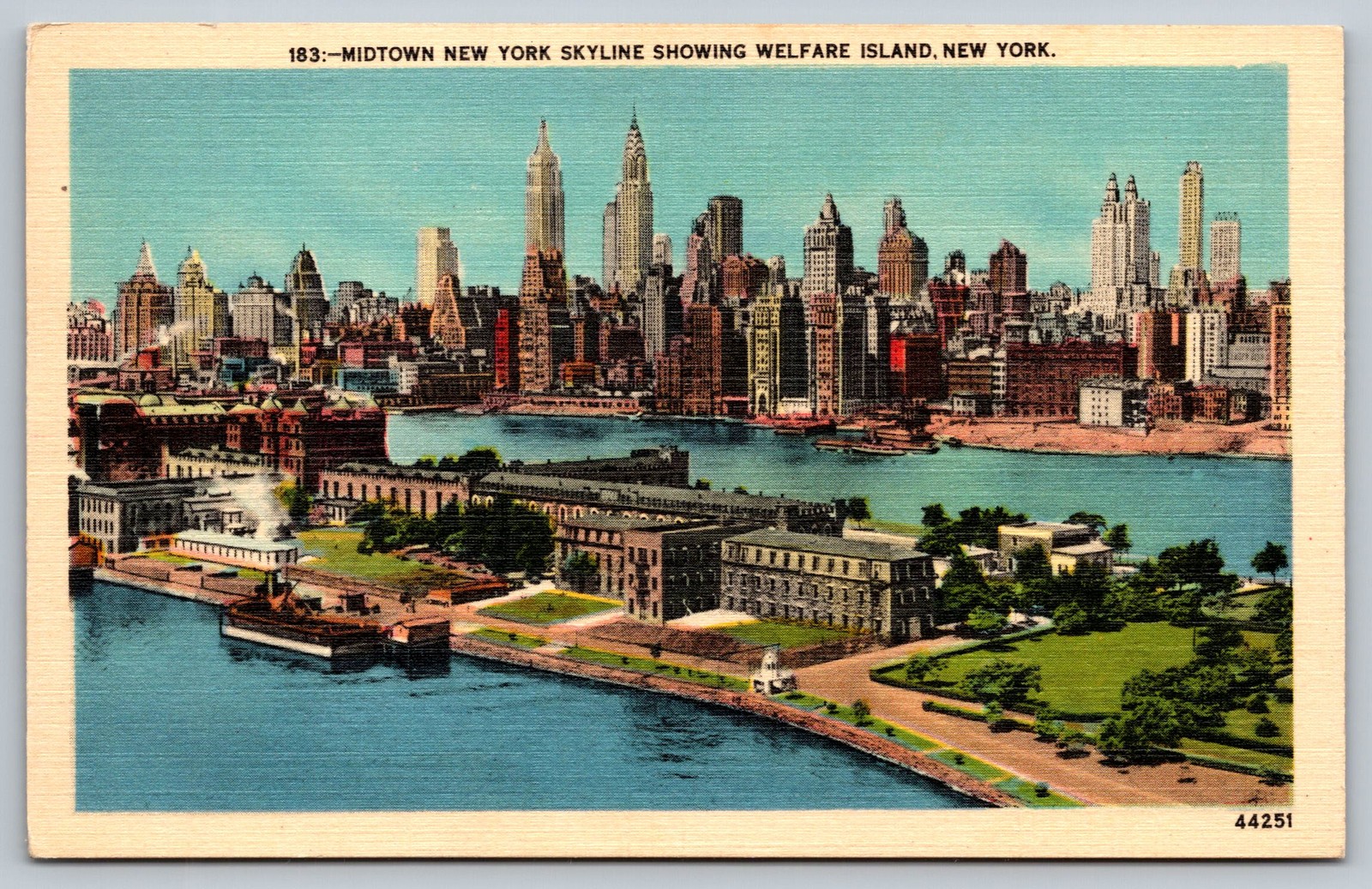 Vintage Midtown New York Skyline Postcard with Welfare Island View NYC Vintage Midtown New York Skyline Postcard with Welfare Island View NYC