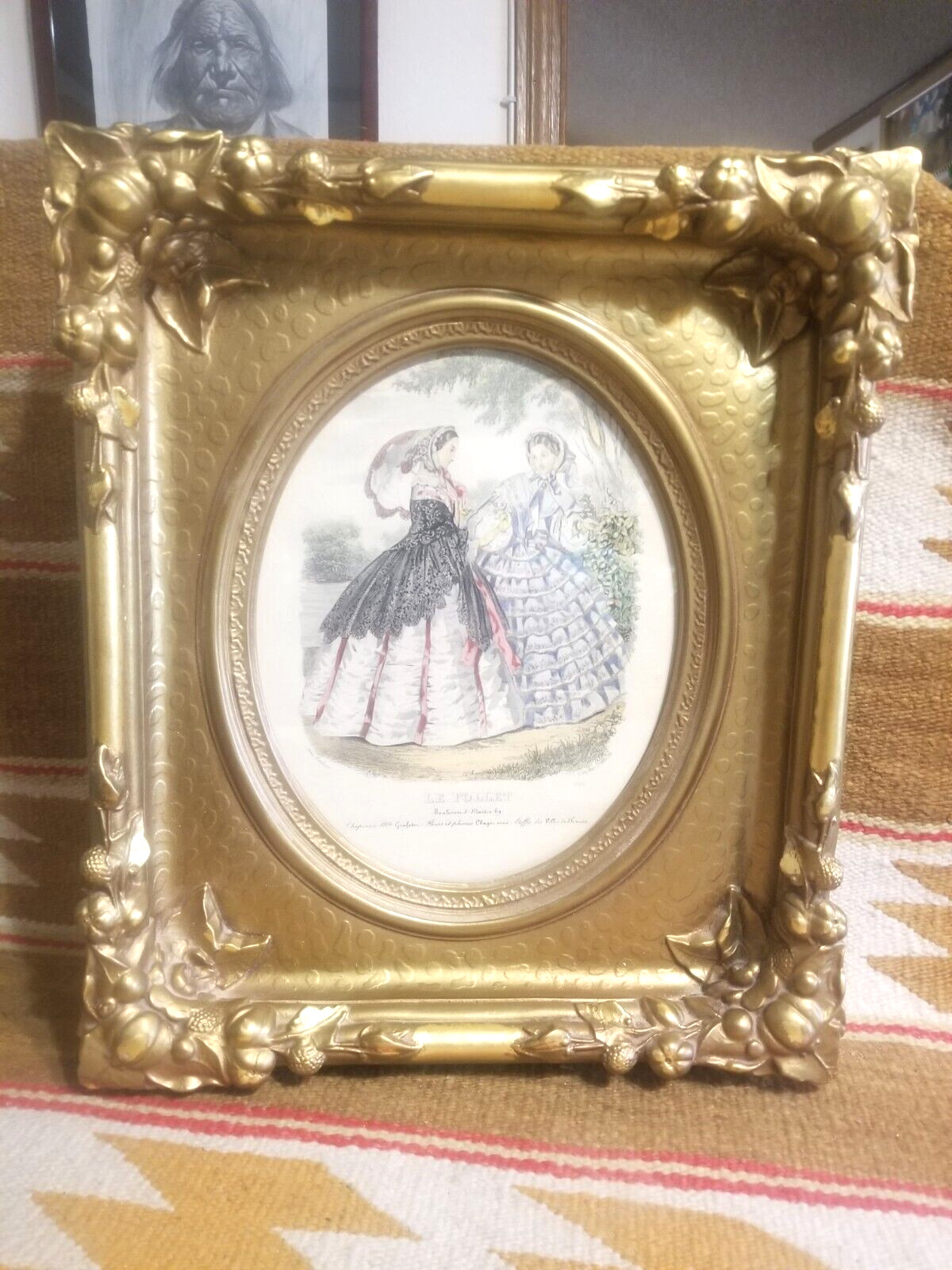 FANTASTIC VICTORIAN GOLD LEAF PLASTER PICTURE FRAME w ORIG. FRENCH FASHION PRINT