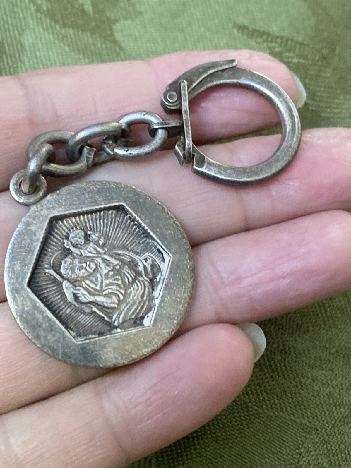 Antique Vtg France Old ST CHRISTOPHER Protection Keychain key ring