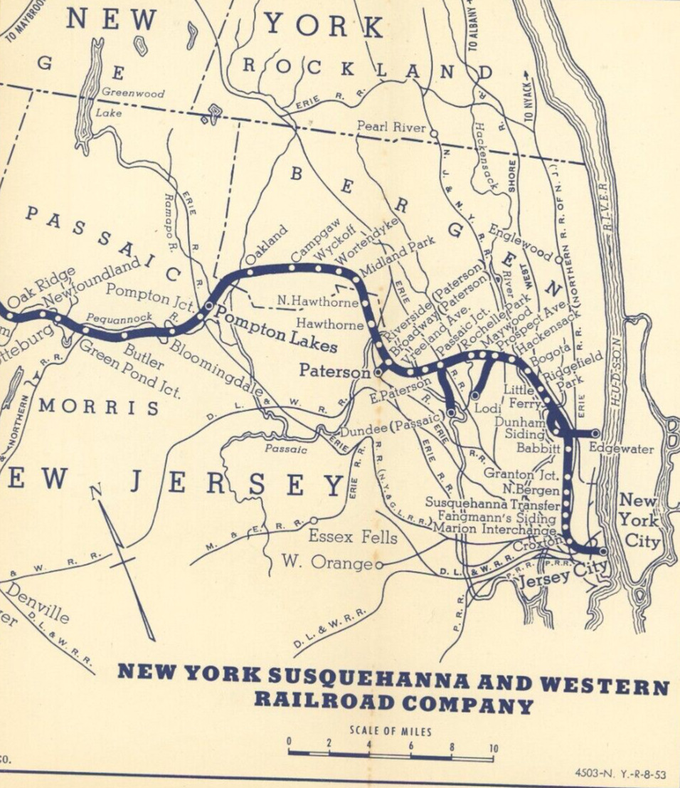 1953 Map New York Susquehanna & Western Railroad CO Trains Rand McNally
