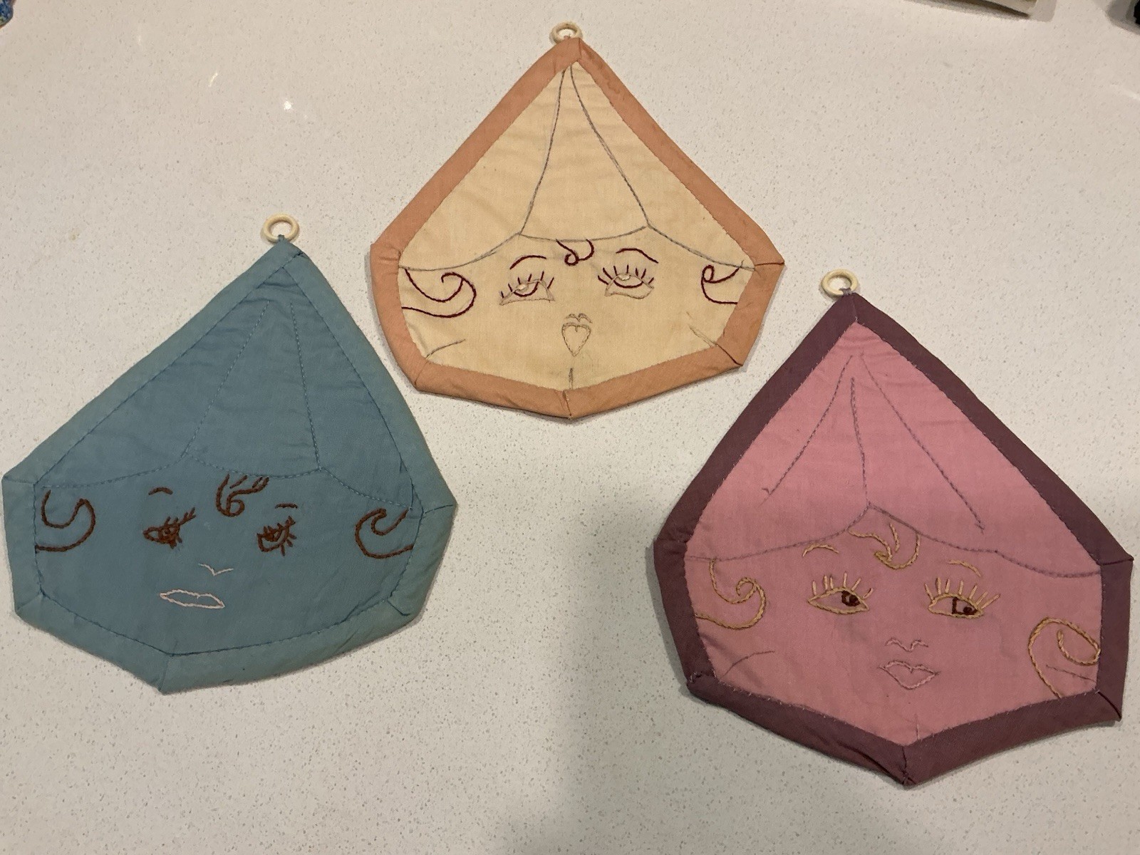 Vintage Handmade Cry Baby Blue Pink Cream Onion Faces Embroidered Potholders (3)